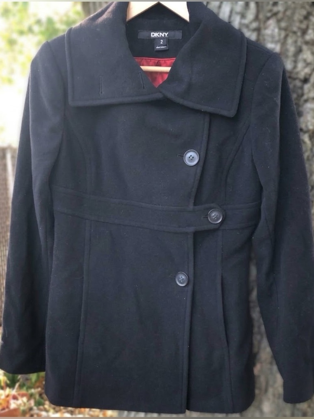 DKNY Wool Cashmere Blend Asymmetric Funnel Neck Coat Size 2 Black